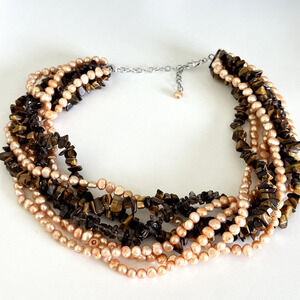 Vintage 925 Sterling Silver Real Pearl Tiger's Eye Chunky Multi Strand Necklace